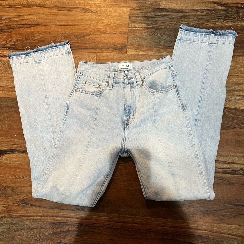 Pistola Light Blue Women's Straight Leg Jeans EUC Size 25 Slit on Side Raw Hem
